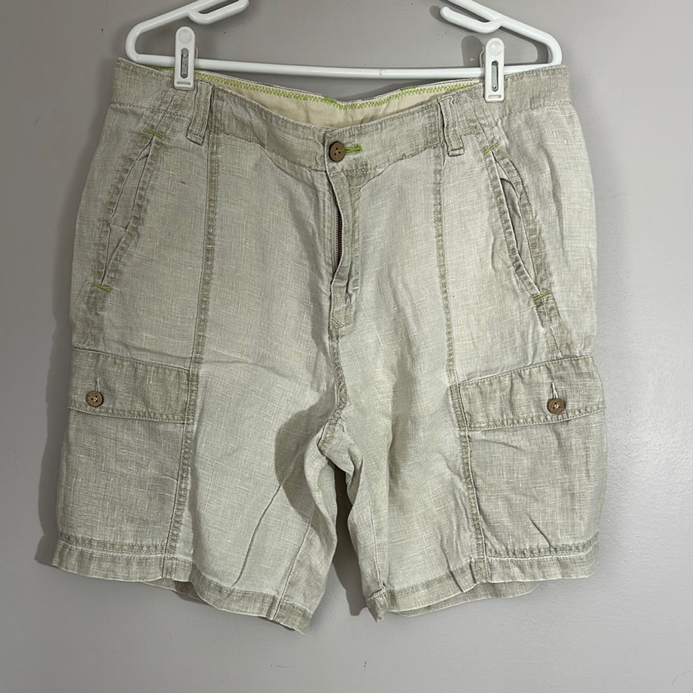 Tommy Bahama Relax Cargo Shorts Men 36 Beige 100% Linen Mid Rise Casual 9"